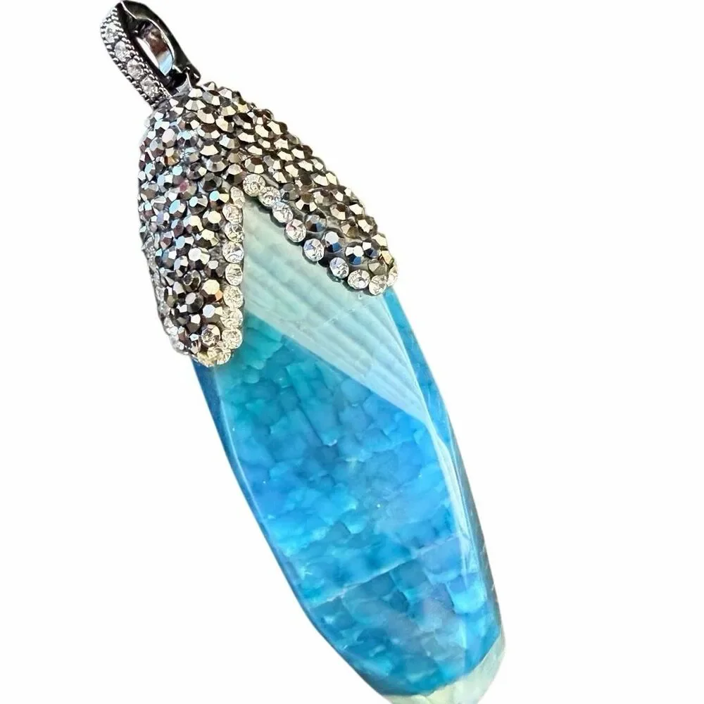 JK CN Blue Agate Crystal Point Statement Necklace with Pave Rhinestone Cap